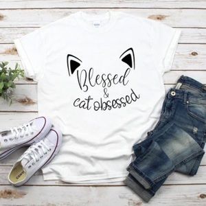 Cute blessed cat obsessed cat mom womens short sleeve tee tshirt- NEW